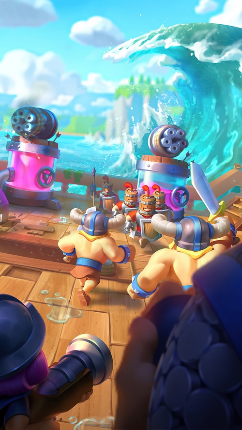 Clash Royale characters on a wooden deck with a giant wave