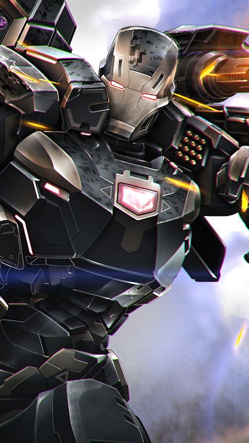 War Machine in a dark gray suit with weapons