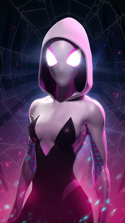 Spider-Gwen in a white and black suit with a hood
