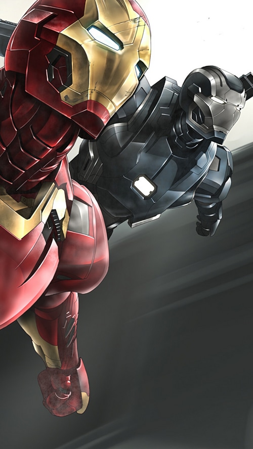Iron Man and War Machine in flight