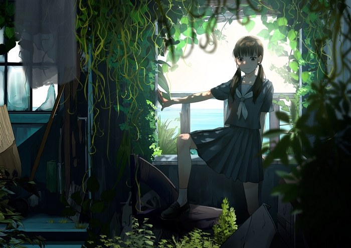 Girl in School Uniform in Ruined Building