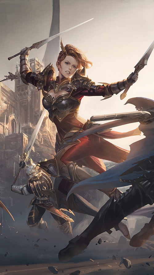 Fantasy warriors battling with swords near a castle