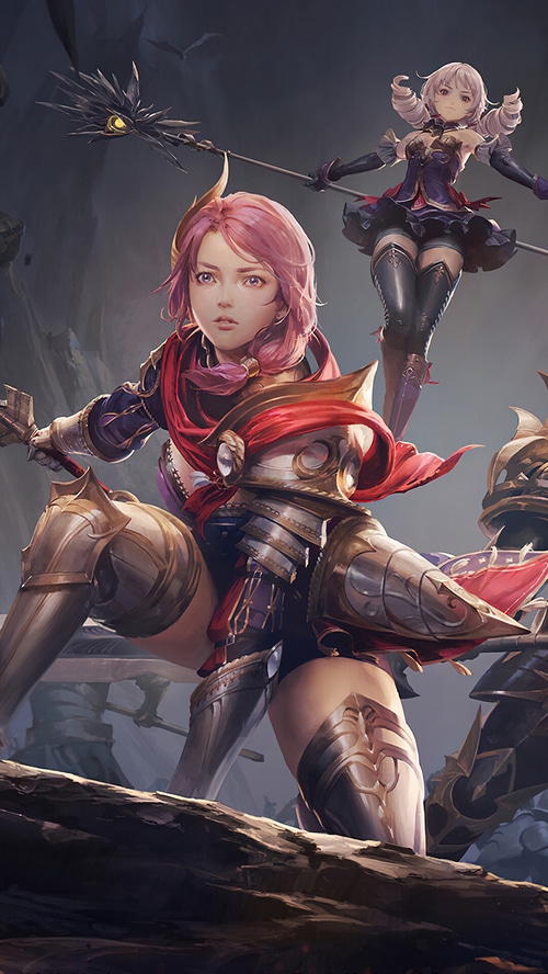 Fantasy characters with pink and white hair in armor