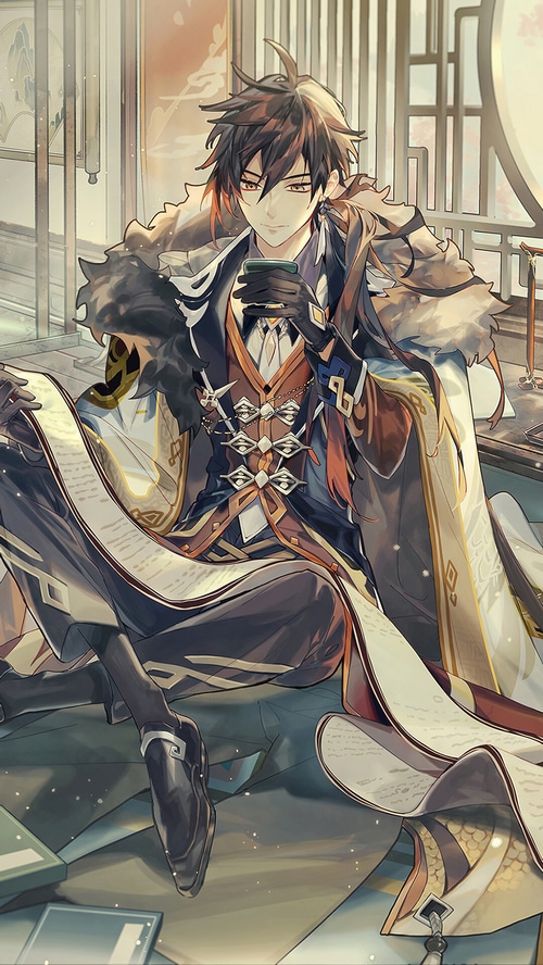 Zhongli from Genshin Impact holding a cup