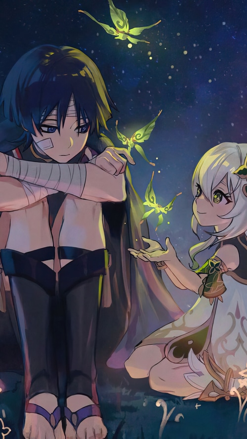 Genshin Impact: Wanderer and Nahida with glowing butterflies