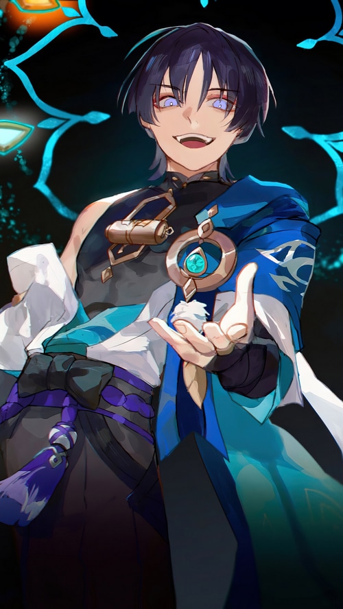 Wanderer from Genshin Impact with a sinister smile
