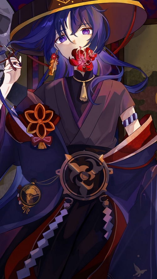 Wanderer from Genshin Impact with red flowers
