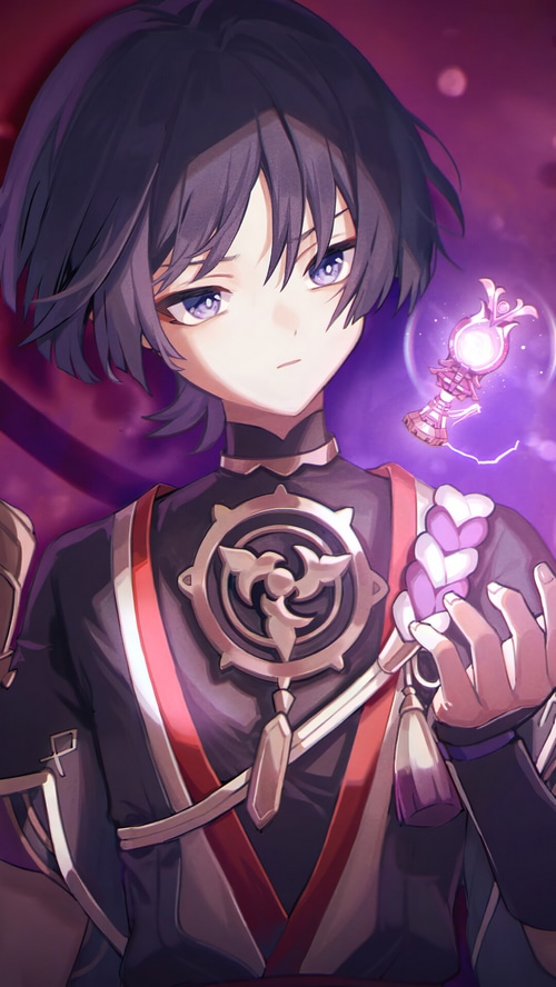 Genshin Impact Wanderer Scaramouche holding a magical orb