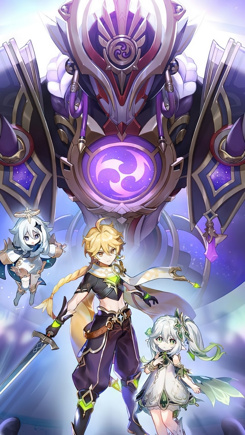 Genshin Impact: Aether, Nahida, and Paimon with a giant robot