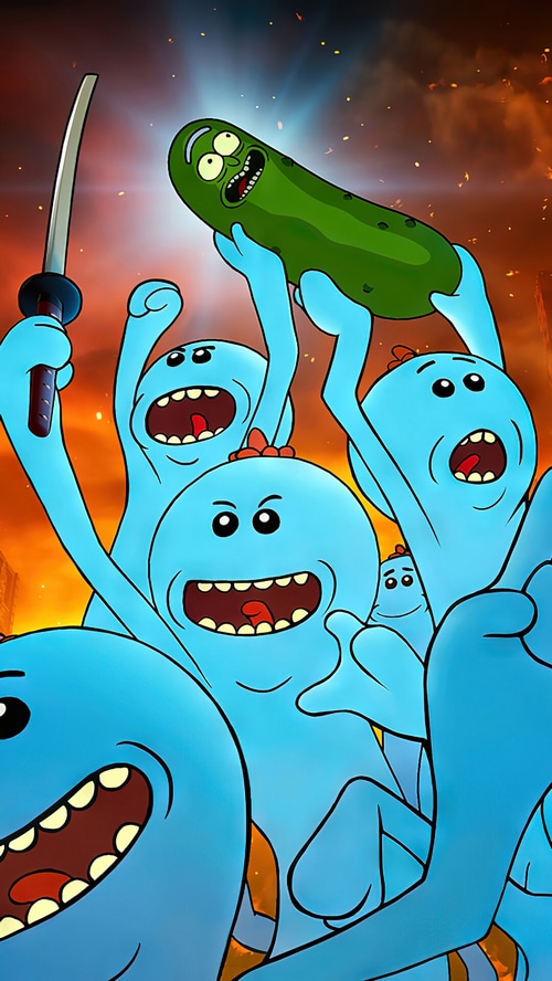 Pickle Rick and Mr. Meeseeks with a Katana