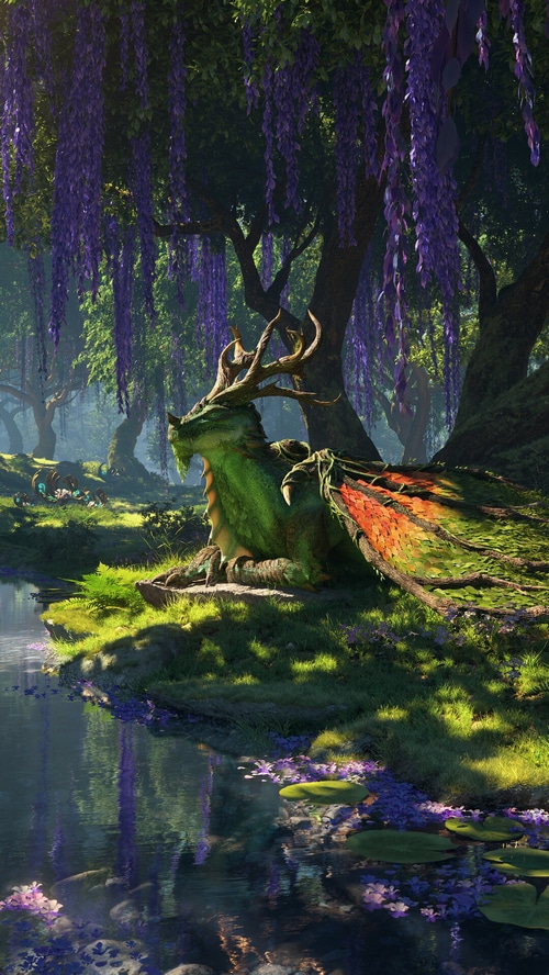Green Dragon in a magical forest by a stream