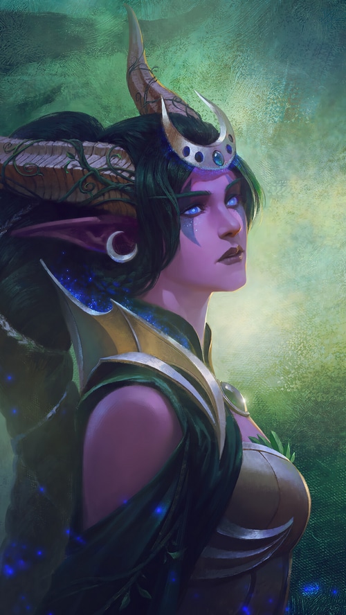 Ysera from World of Warcraft with horns and moon crown