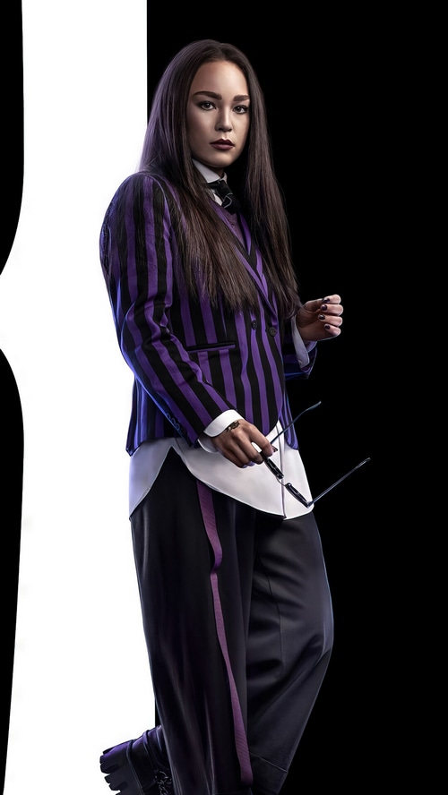 Wednesday Addams in a purple striped suit