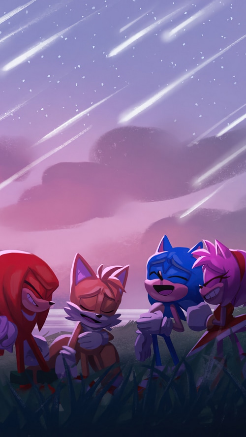 Sonic, Tails, Knuckles, and Amy Laughing Under Meteor Shower