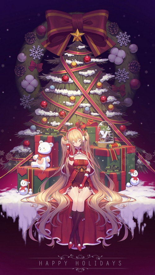 Anime Girl in Santa Outfit with Christmas Tree and Gifts