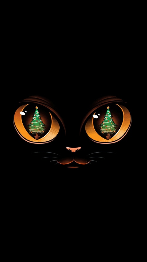Black Cat with Christmas Tree Eyes