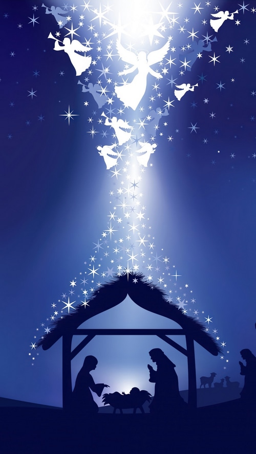 Christmas Nativity Scene with Angels and Stars
