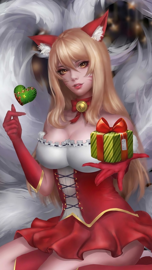 Ahri in a Christmas outfit holding gifts