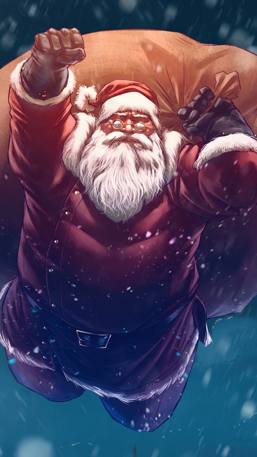 Santa Claus flying with a sack of gifts
