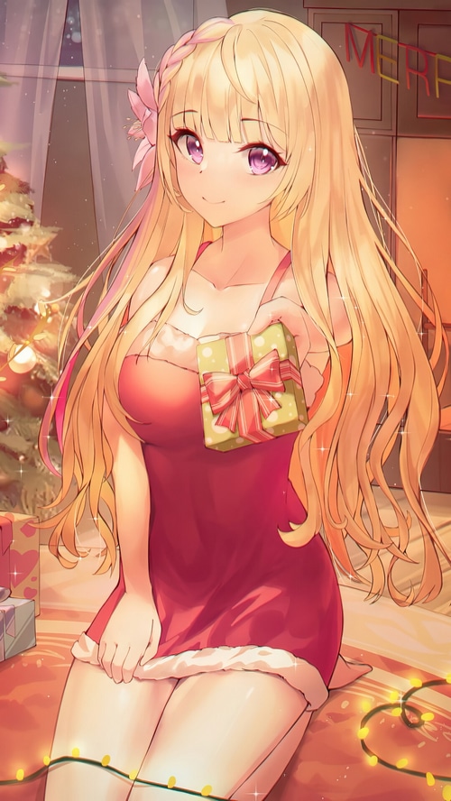 Anime girl with blonde hair holding a Christmas gift
