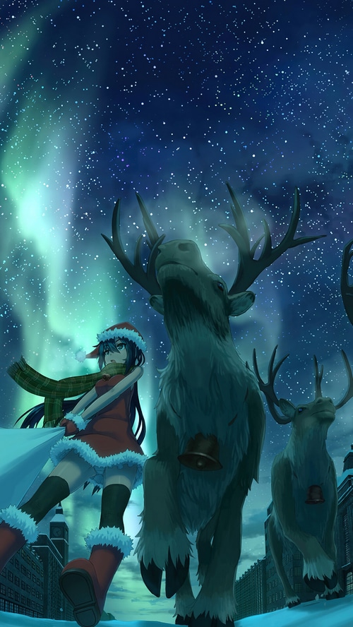 Anime girl in Santa outfit with reindeer under Northern Lights