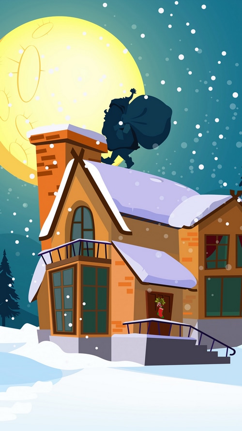 Santa Claus on a snowy rooftop at night