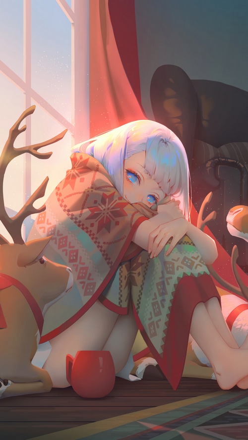Anime girl with reindeer and Christmas blanket