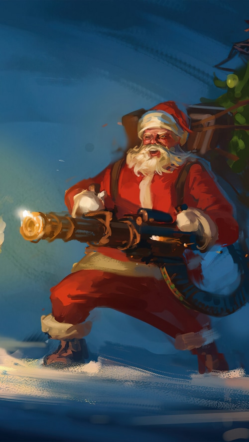 Santa Claus firing a minigun in the snow