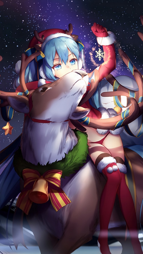 Hatsune Miku in Christmas Outfit Riding a Reindeer