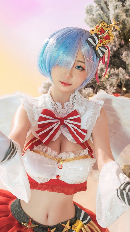 Rem Cosplay with Angel Wings and Christmas Decorations