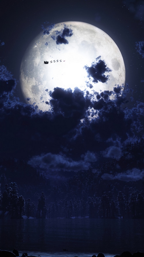 Santa Claus flying in a sleigh under a full moon