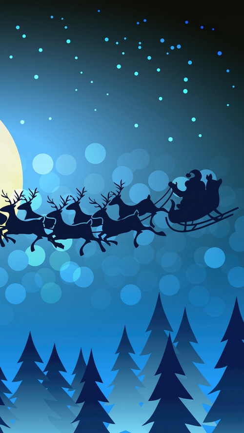 Santa Claus and reindeer sleigh flying at night