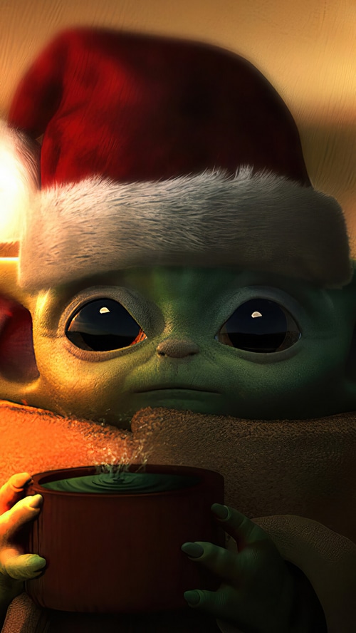 Baby Yoda Wearing a Santa Hat Holding a Mug