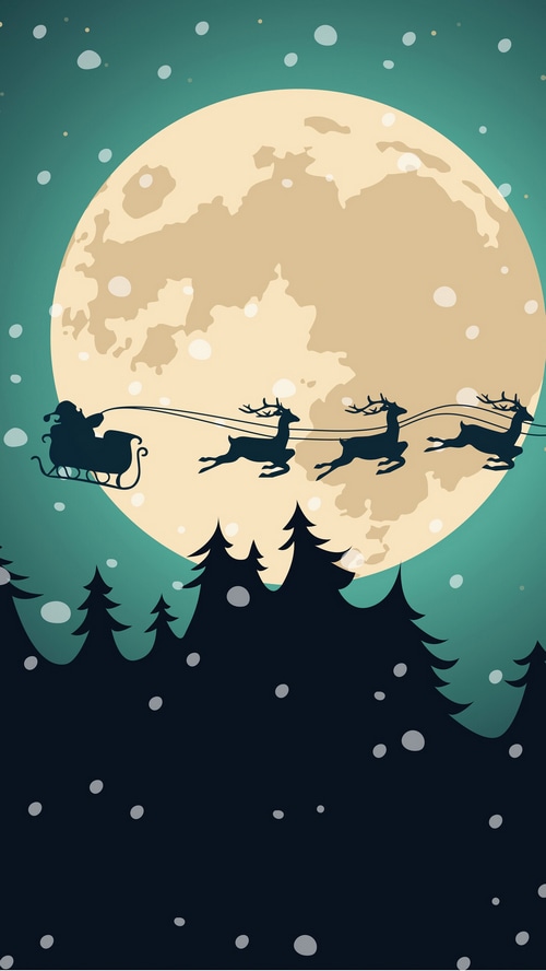 Santa Claus flying in his sleigh with reindeer in front of a full moon