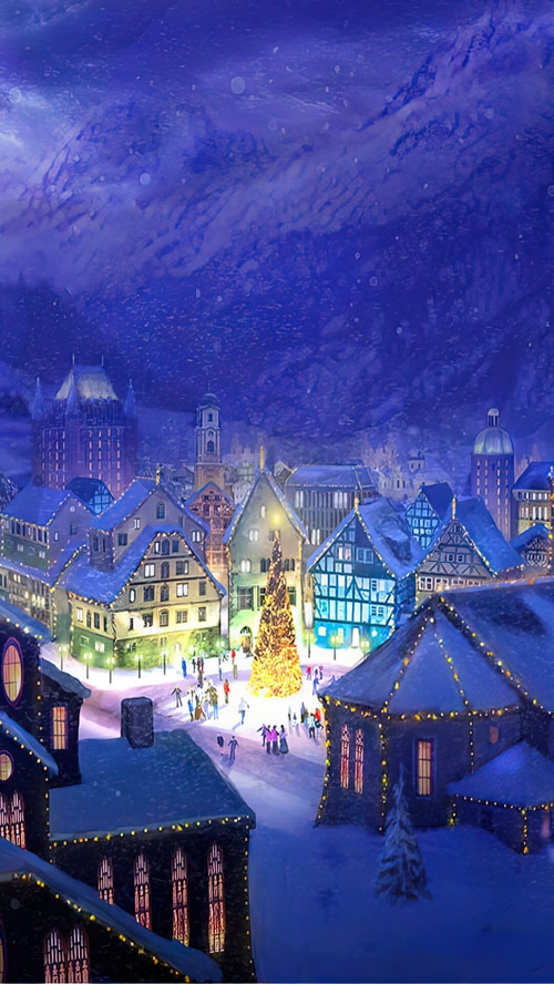 Christmas village with snow and lights