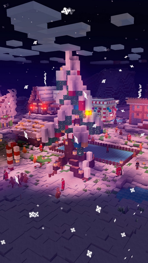 Minecraft Christmas Village with Snowing Night Sky