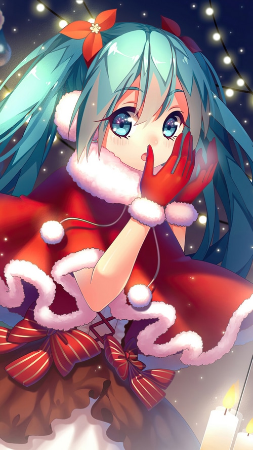 Hatsune Miku in a Christmas Outfit with Lights and Candles