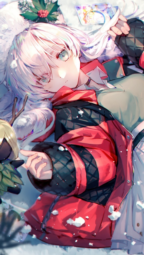 Anime girl with white hair and red jacket in snow