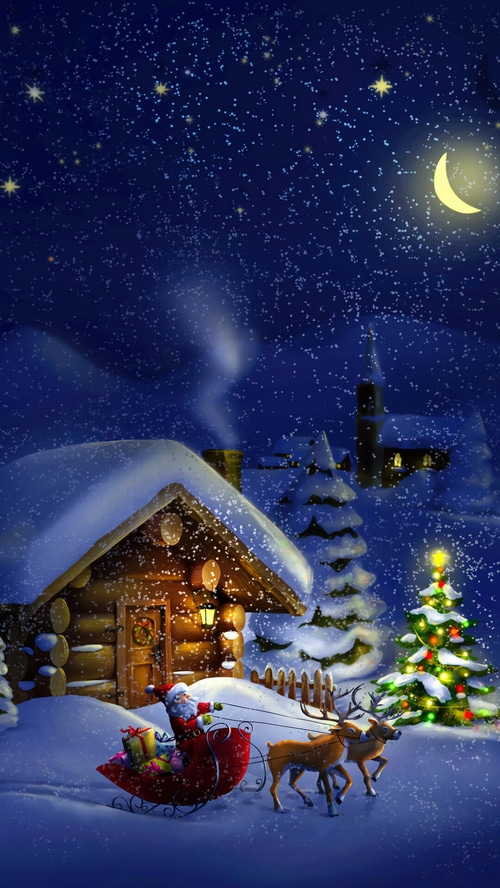 Santa Claus in a Sleigh with Reindeer on Christmas Night