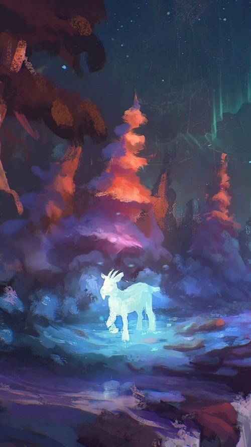 Fantasy forest with glowing goat and aurora borealis