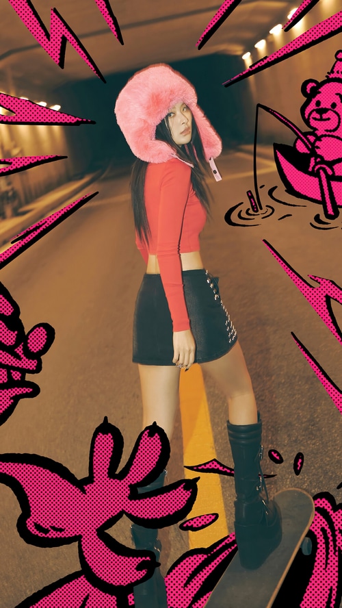 Seulgi in a pink hat and red top