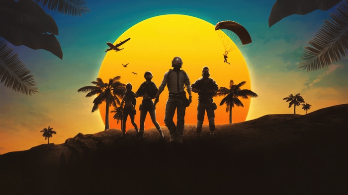 PUBG characters parachute and fly in during sunset