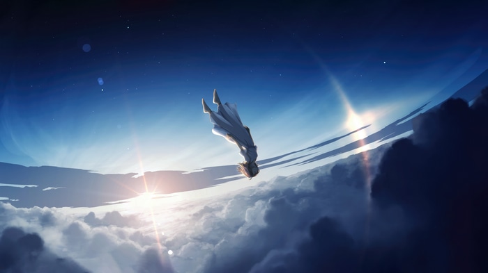 Anime girl falling through clouds at sunset 4K