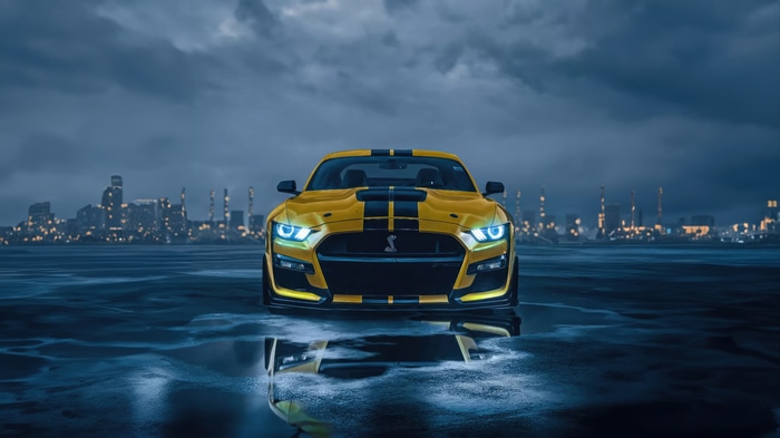 Yellow Ford Mustang Shelby GT500 with Black Stripes