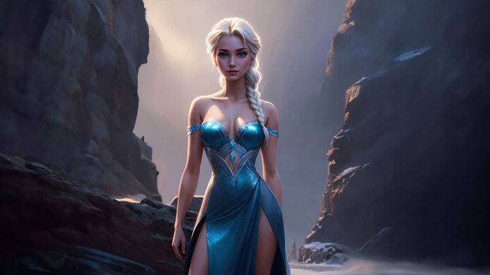 Elsa from Frozen in a blue dress in a rocky landscape