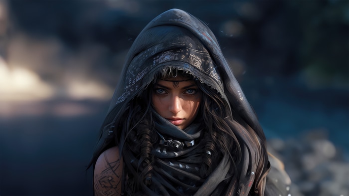 Fantasy warrior woman with dark hood and tattoos
