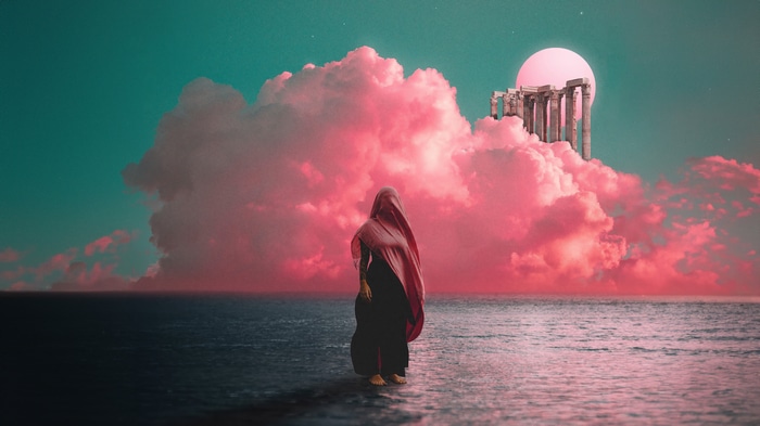 Digital Art of a Figure in Pink Clouds and Ruins