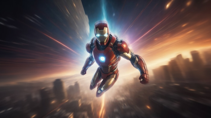 Iron Man flying over a city at sunset