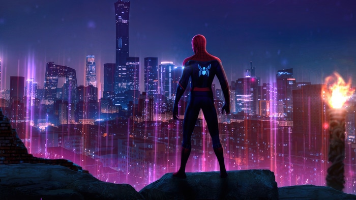 Spider-Man standing on a rooftop overlooking a futuristic city