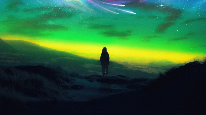 Astronaut watches aurora in digital art 4K